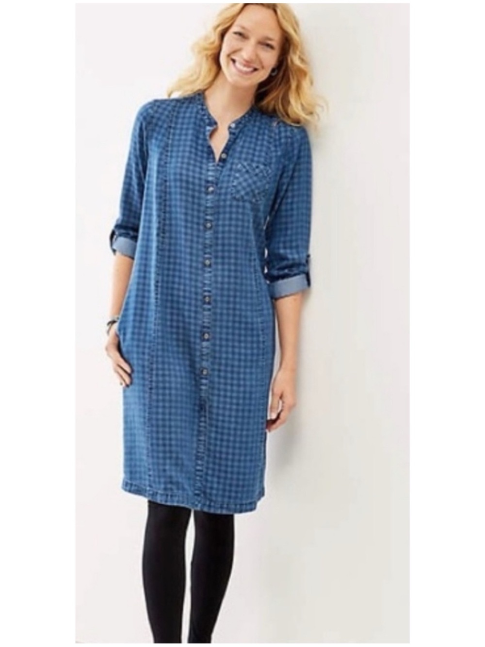 Blue Checked Button-Front Shirt Dress